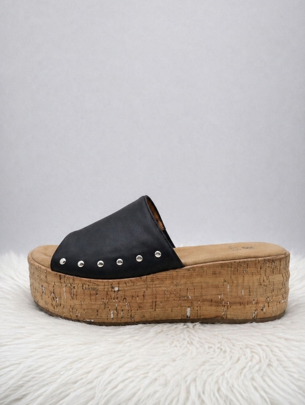 White Mountain Diligent Studded Black Leather Cork Heel Platform Slide Sandals